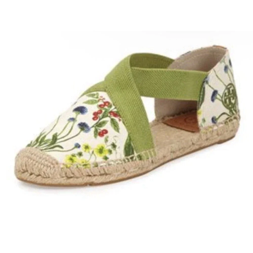 Tory Burch Catalina Floral Botanical Espadrilles Canvas Elastic Sz 8 1/2 Flaws